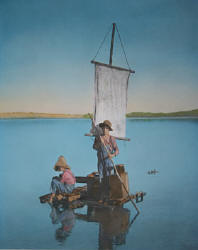 Fredrick Dickinson on home made raft on Glen Lake, Sleeping Bear Dunes, Michigan